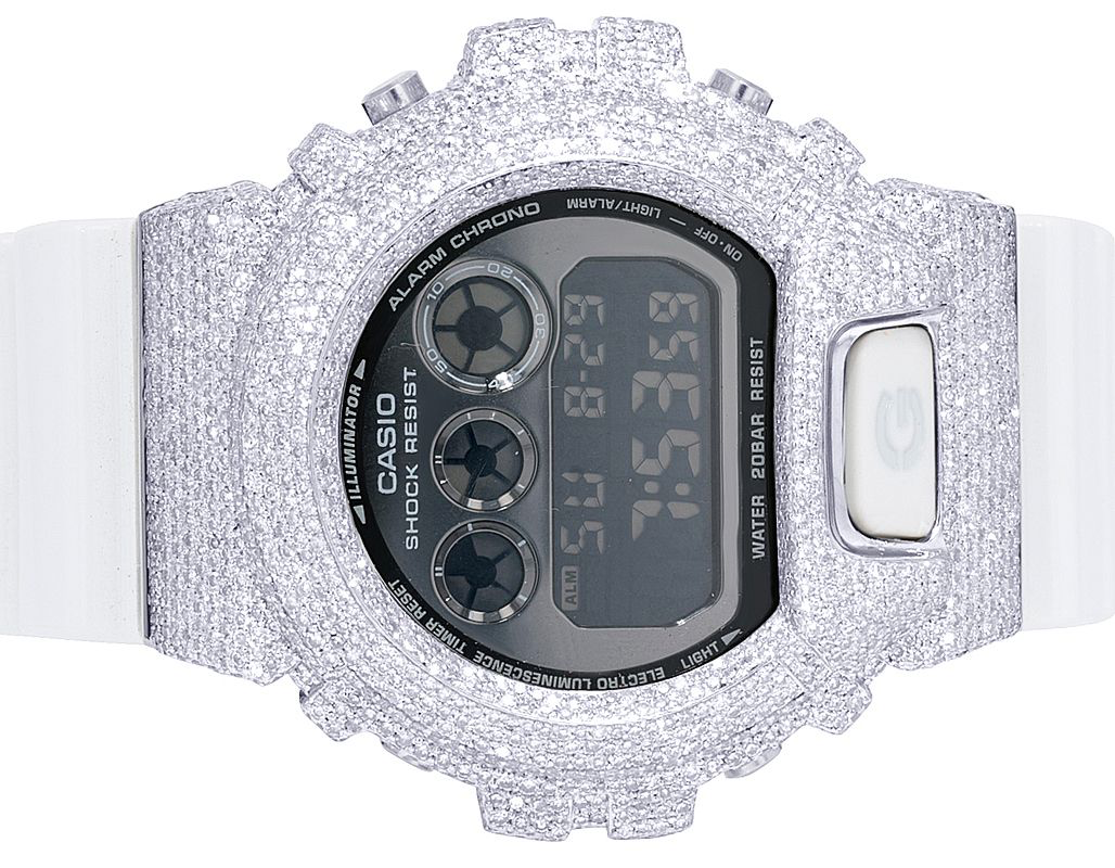 Casio G-Shock White 6900 Iced Out Diamond Watch 9.9CT – 64 JEWELER